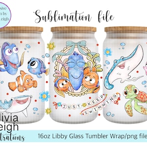 Puede incluir: Tres diseños para vasos de vidrio Libby de 473 ml con tapas de madera, con criaturas marinas de dibujos animados. Los diseños incluyen a Dory, Nemo y otros personajes, con la frase "Just Keep Swimming". El texto "Sublimation file" está en la parte superior.