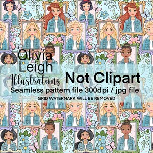 Può includere: Un motivo senza cuciture con ritratti illustrati di donne con giacche di jeans, su uno sfondo floreale azzurro. Il testo "Olivia Leigh Illustrations Not Clipart" è visibile. Il motivo è un file JPG a 300 dpi.