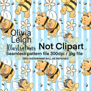 May include: Seamless pattern featuring a cartoon bear dressed as a bee, holding a honey pot. The design includes bees, flowers, and the text "Olivia Leigh Illustrations Not Clipart". The background has blue and white vertical stripes.