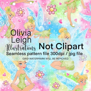May include: A seamless pattern featuring Tinkerbell, a fairy with green wings and a green dress, on a colorful background with flowers and hearts. The text "Olivia Leigh Illustrations Not Clipart" is also included in the pattern.