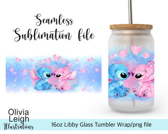 Cute Stitch Sublimation Wrap PNG File DIGITAL DOWNLOAD 16oz Glass Tumbler Design