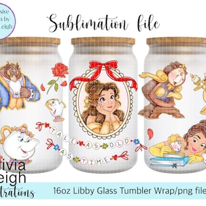 Princess Belle, Die Schöne und das Biest Sublimation Wrap PNG Datei DIGITAL DOWNLOAD 16oz Glas Tumbler Design Uv-dtf Printable
