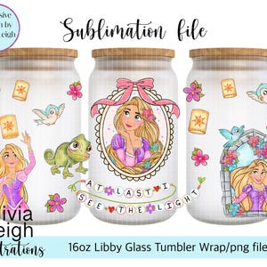 May include: Three 16oz glass tumblers with sublimation wraps featuring a princess with long blonde hair, a chameleon, and a floral design. The wraps include the text "See the Light" and "At Last I See the Light".