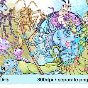 May include: A vibrant digital illustration showcasing cartoon insects such as ants, a grasshopper, a butterfly, and a caterpillar. The artwork is in a whimsical style with bright colours and is labelled "Olivia Leigh Illustrations" and "300dpi / separate png files".