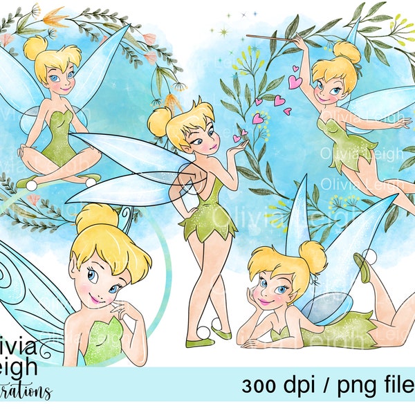 Set Of Tinkerbell Cute Clipart Floral Wreath PNG Files DIGITAL DOWNLOAD Printable