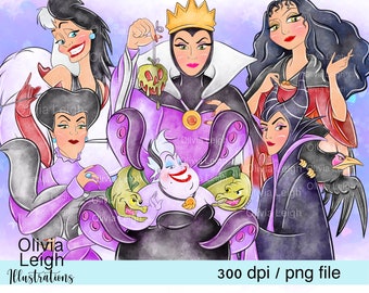 Princess Villains Ursula, Maleficent, Cute Clipart Set PNG Files DIGITAL DOWNLOAD Printable