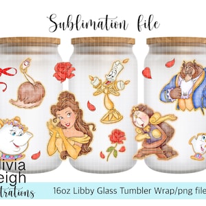 Archivo Png de envoltura de taza de princesa Bella, La Bella y la Bestia, Sra. Pots, descarga DIGITAL, diseño de vaso de vidrio de 16 oz para impresión UVDTF.