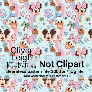 May include: A seamless pattern featuring cartoon characters Mickey Mouse, Minnie Mouse, Donald Duck, and Daisy Duck, along with beach-themed elements like pineapples, ice cream, and beach balls. The design includes the text "Olivia Leigh Illustrations Not Clipart".