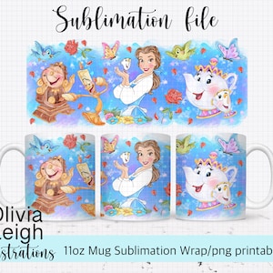 Taza de sublimación La Bella y la Bestia, Princesa, archivo PNG para taza de 11 oz, diseño de vaso, DESCARGA DIGITAL.