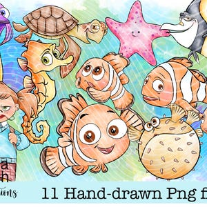 May include: A collection of hand-drawn cartoon sea creatures, including fish, a seahorse, a turtle, and a starfish, on a watercolor background. The image includes the text "Olivia Leigh Illustrations" and "11 Hand-drawn Png files".