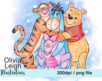 Może przedstawiać: Aquarela przedstawiająca Winnie the Pooh, Tygryska, Kłapouchego i Prosiaczka, którzy się obejmują. Postacie są narysowane w kreskówkowym stylu z jasnymi kolorami i miękkimi rysami.