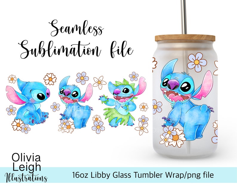 Cute Stitch Wrap PNG File DIGITAL DOWNLOAD 16oz Glass Tumbler Design image 1