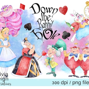 Set Of Alice In Wonderland, The Cheshire Cat, Mad Hatter Cute Clipart PNG Files DIGITAL DOWNLOAD Printable