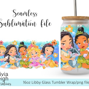 Prinzessin Kleinkind Schneewittchen, Jasmin, Tiana, Ariel und Belle Wrap PNG Datei DIGITAL DOWNLOAD 16oz Glasbecher Design
