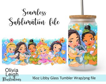 Princess Toddler Snow White, Jasmine, Tiana, Ariel And Belle Wrap PNG File DIGITAL DOWNLOAD 16oz Glass Tumbler Design