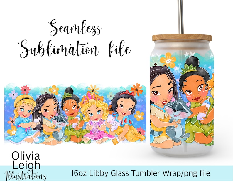 Princess Toddler Snow White, Jasmine, Tiana, Ariel And Belle Wrap PNG File DIGITAL DOWNLOAD 16oz Glass Tumbler Design image 1