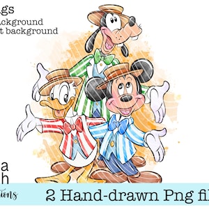 Puede incluir: Ilustración de Mickey Mouse, el Pato Donald y Goofy con trajes a juego con sombreros y pajaritas. Los personajes visten trajes a rayas de colores. La imagen incluye el texto "2 Hand-drawn Png files".