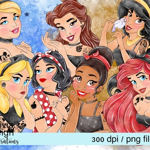 Set Of Tattooed Princesses Belle, Ariel, Snow White, Cinderella Clipart PNG Files DIGITAL DOWNLOAD Printable
