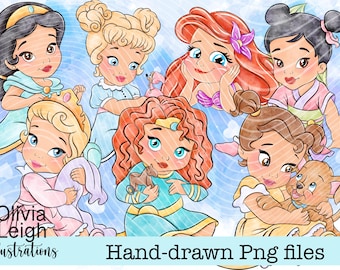 Set Of Baby Toddler Princesses Cinderella, Belle, Jasmine. Ariel, Cute Clipart PNG Files DIGITAL DOWNLOAD Printable