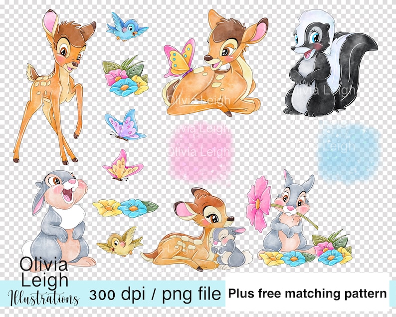 Ensemble de fichiers Bambi et Panpan mignons Clipart PNG TÉLÉCHARGEMENT NUMÉRIQUE imprimable. Modèle sans couture pour enfants inclus image 2