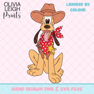 May include: A cartoon illustration of Pluto the dog in a cowboy outfit. Pluto is wearing a brown cowboy hat, a red bandana with white polka dots, and a sheriff's badge. The image includes the text "OLIVIA LEIGH Prints", "LAYERED BY COLOUR", and "HAND DRAWN PNG & SVG FILES".