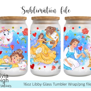 Archivo PNG de envoltura de sublimación de La Bella y la Bestia DESCARGA DIGITAL Diseño de vaso de vidrio de 16 oz Imprimible con UV-dtf