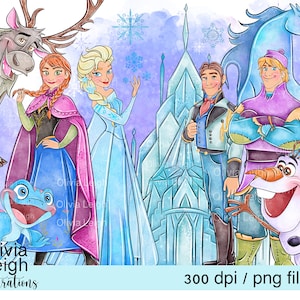 Conjunto de imágenes prediseñadas lindas de la princesa Elsa y Anna de Frozen Archivos PNG DESCARGA DIGITAL Acuarela imprimible para niños