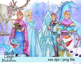Gefrorene Prinzessin Elsa und Anna süße Clipart-Set PNG-Dateien DIGITAL DOWNLOAD Kinder Aquarell druckbare