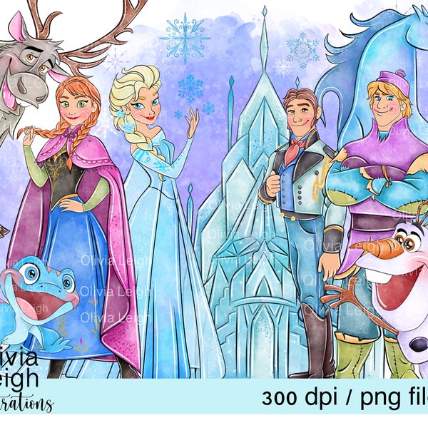 Frozen Princess Elsa And Anna Cute Clipart Set PNG Files DIGITAL DOWNLOAD Children's Watercolour Printable