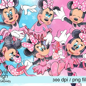 Conjunto de imágenes prediseñadas de bailarina de Minnie Mouse, lindos archivos PNG, descarga digital, acuarela para niños, imprimible