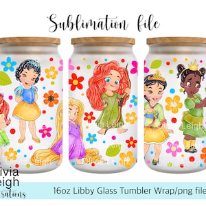 Niedliche Prinzessin Kleinkinder, mutig, Ariel, Schneewittchen, Tiana, Rapunzel PNG-Datei DIGITAL DOWNLOAD 16oz Glasbecher Design