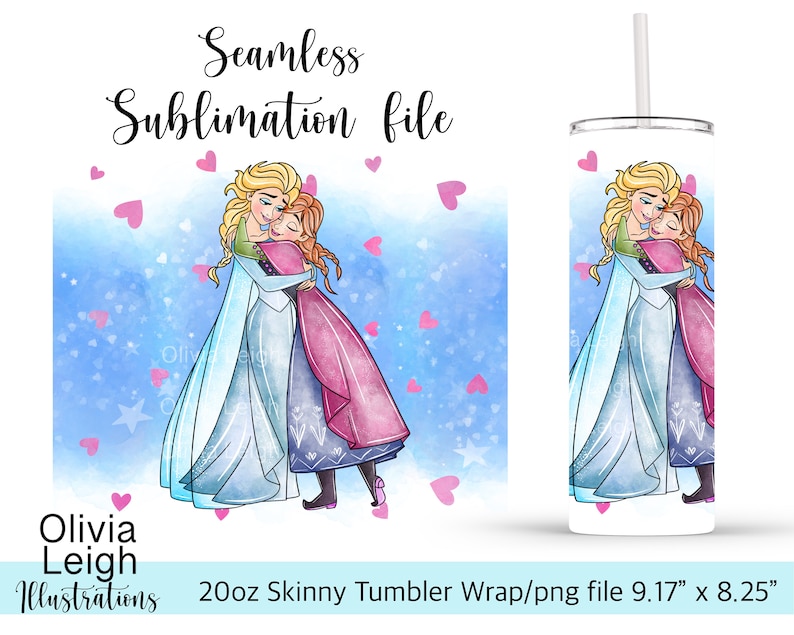 Princess Elsa And Anna Sublimation Design Wrap PNG File DIGITAL DOWNLOAD 20oz Skinny Tumbler Design image 1