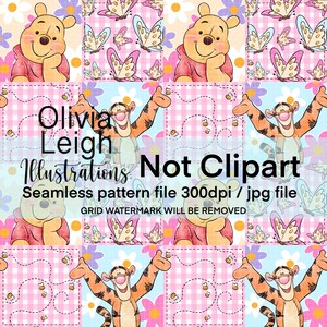 Può includere: Un motivo senza cuciture con Winnie the Pooh, Tigro, farfalle e api su uno sfondo a scacchi rosa e blu. Il design include il testo "Olivia Leigh Illustrations" e "Not Clipart".