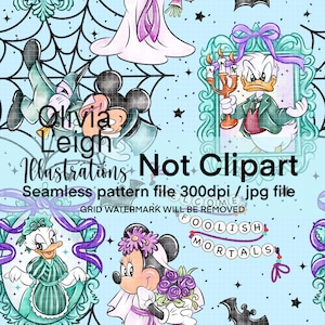 May include: Seamless pattern featuring cartoon characters in a Halloween theme. The design includes characters like Mickey and Minnie Mouse, Donald Duck, and Daisy Duck, with a light blue background and the text "Foolish Mortals".