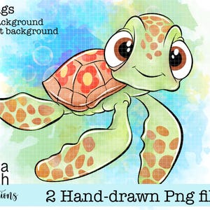 May include: A hand-drawn cartoon of a green sea turtle with a smiling face and large brown eyes. The turtle has a patterned shell with orange and red floral designs. The image includes the text "2 x Pngs" and "2 Hand-drawn Png files".