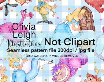 Alice In Wonderland, Seamless Repeat Pattern. Digital Paper. Hand drawn DIGITAL DOWNLOAD Printable.