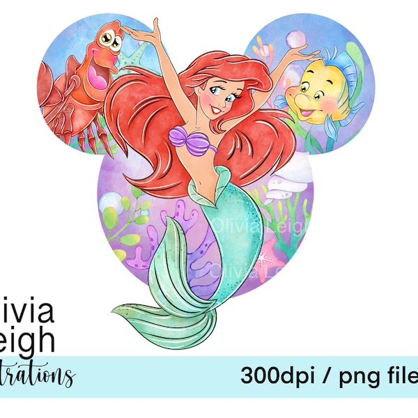 Princess Ariel The Little Mermaid Cute Clipart Sublimation PNG Files DIGITAL DOWNLOAD Printable