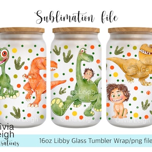 Cute Dinosaur PNG File DIGITAL DOWNLOAD 16oz Glass Tumbler Wrap Design