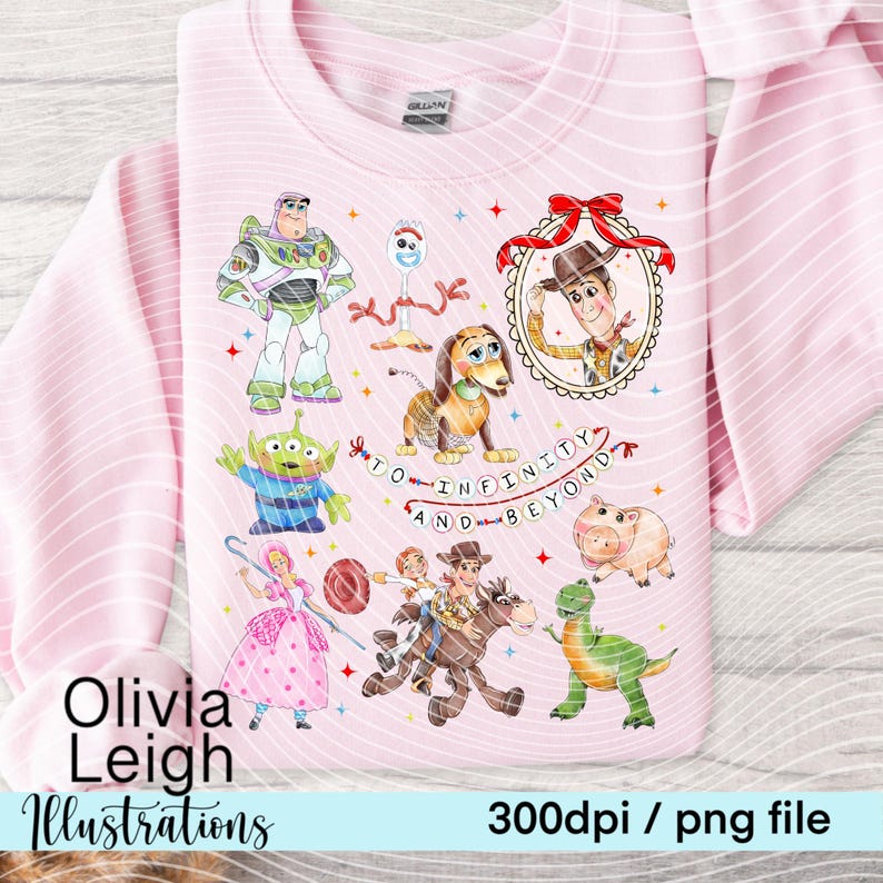 May include: Pink sweatshirt with a colorful illustration of characters from the Toy Story movie franchise. The characters include Woody, Buzz Lightyear, Jessie, and Rex. The text "To Infinity and Beyond" is included in the design.