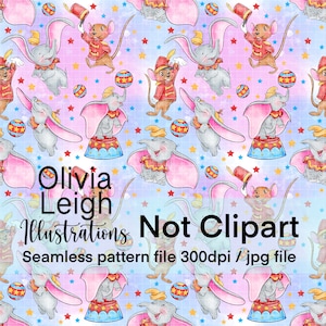 Puede incluir: Un patrón sin costuras con un fondo de acuarela rosa y azul con un patrón repetido de un elefante gris con orejas rosas y un sombrero rojo y blanco a rayas, un ratón rojo y blanco a rayas con un sombrero rojo y bolas rojas y blancas a rayas. El texto "Olivia Leigh Illustrations Not Clipart Seamless pattern file 300dpi / jpg file" está en la parte inferior de la imagen.