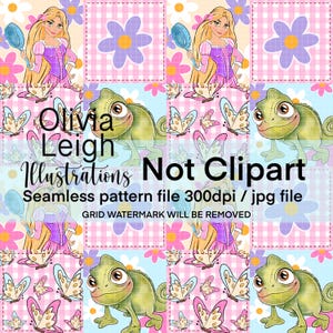 Könnte beinhalten: Nahtloses Muster mit einer Cartoon-Prinzessin, einem Chamäleon und Schmetterlingen. Das Design enthält rosa, lila und blaue Elemente mit dem Text "Olivia Leigh Illustrations Not Clipart". Es ist eine nahtlose Musterdatei.
