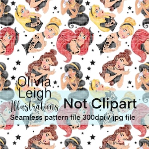 Cute Tattooed Princesses Seamless Pattern. Digital Paper. DIGITAL DOWNLOAD Printable