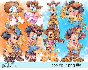 Set Of Cute Mickey, Minnie And Friends Cowboy, Cowgirl Clipart PNG Files DIGITAL DOWNLOAD Printable