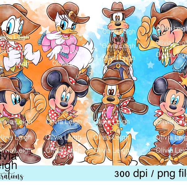 Set Of Cute Mickey, Minnie And Friends Cowboy, Cowgirl Clipart PNG Files DIGITAL DOWNLOAD Printable