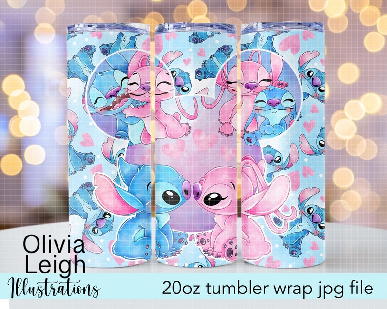 Diseño de sublimación de Stitch And Angel Valentines para envolver vasos DESCARGA DIGITAL Diseño de vaso delgado de 20 oz imagen 1
