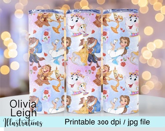 Beauty And The Beast Sublimation Design Cup Wrap DIGITAL DOWNLOAD 20oz Skinny Tumbler Design