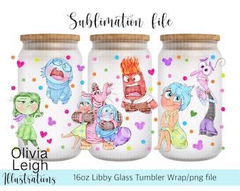 Émotions mignonnes, fichier PNG enveloppant pour sublimation à l'envers TÉLÉCHARGEMENT NUMÉRIQUE Gobelet en verre 16 oz Design imprimable Uv-dtf
