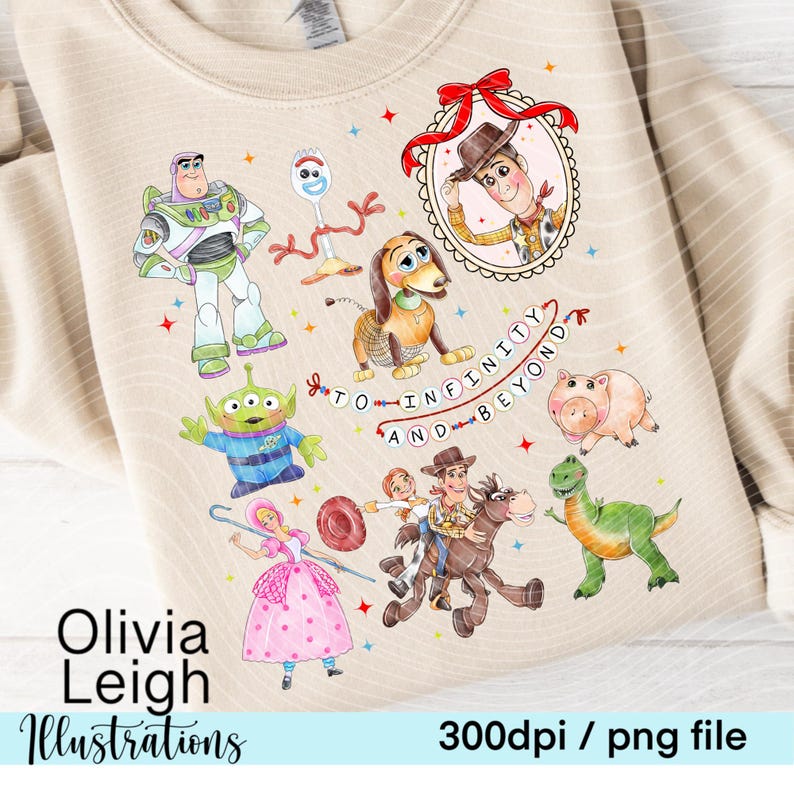 May include: A beige sweatshirt with a colorful illustration of characters from the Toy Story franchise. The characters include Woody, Buzz Lightyear, Jessie, and the alien. The text "To Infinity and Beyond" is written in a banner above the characters.