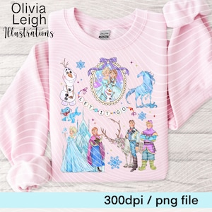 Puede incluir: Sudadera rosa claro con ilustraciones de personajes de la película "Frozen". El diseño incluye a Olaf, Elsa y Anna, un caballo azul y la frase "LET IT GO". La sudadera tiene el texto "Olivia Leigh Illustrations".
