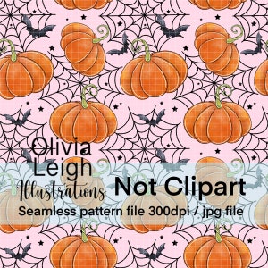 Op de afbeelding: Een naadloos patroon met oranje pompoenen, zwarte vleermuizen, spinnenwebben en sterren op een roze achtergrond. De tekst "Olivia Leigh Illustrations Not Clipart" is ook aanwezig. Dit is een naadloos patroonbestand.